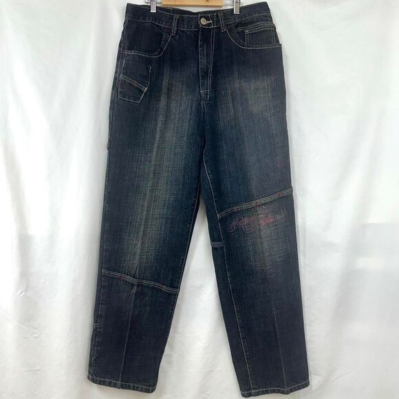 MAKAVELI Dark Navy Denim Jeans Spell Out Baggy Grunge Y2K Men 34x32 2000s Skater - Picture 1 of 7